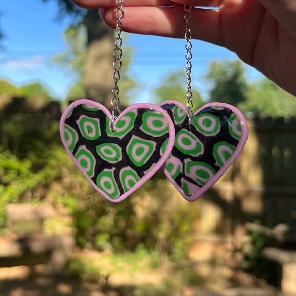 Handmade Psychedelic Polymer Clay Heart Statement Earrings - Picture 17 of 17